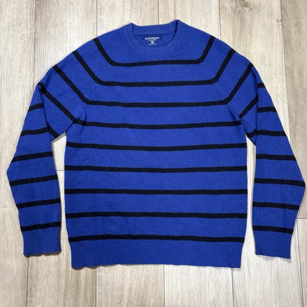 Express 100% Lambswool  Crew Neck Striped Sweater Mens M Blue Black‎